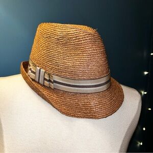 Helen Kaminski Australia Raffia Stylish Brown Straw Fedora with Ribbon OS